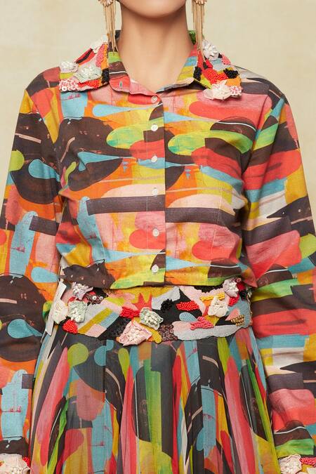 Anamika Khanna_Multi Color Cotton Embroidery Collared Abstract Print Lehenga And Shirt Set_Online_at_Aza_Fashions