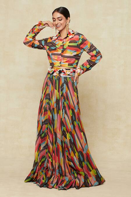 Buy_Anamika Khanna_Multi Color Cotton Embroidery Collared Abstract Print Lehenga And Shirt Set_Online_at_Aza_Fashions