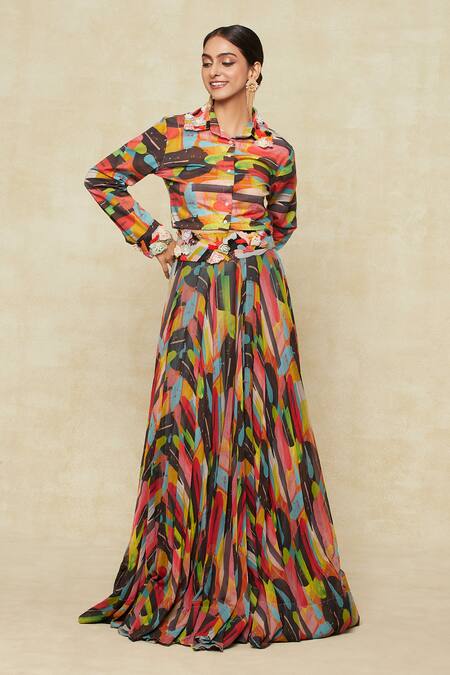 Shop_Anamika Khanna_Multi Color Cotton Embroidery Collared Abstract Print Lehenga And Shirt Set_Online_at_Aza_Fashions