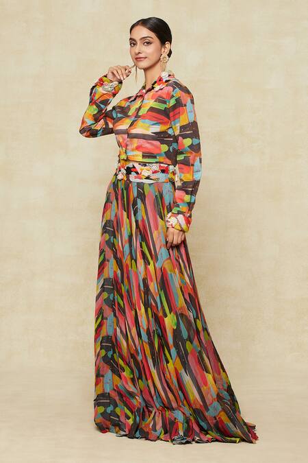 Buy_Anamika Khanna_Multi Color Cotton Embroidery Collared Abstract Print Lehenga And Shirt Set