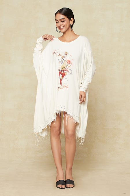 Buy_Anamika Khanna_White Cotton Round Neck Printed Oversized T-shirt Dress_Online_at_Aza_Fashions