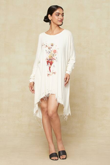 Anamika Khanna_White Cotton Round Neck Printed Oversized T-shirt Dress_at_Aza_Fashions