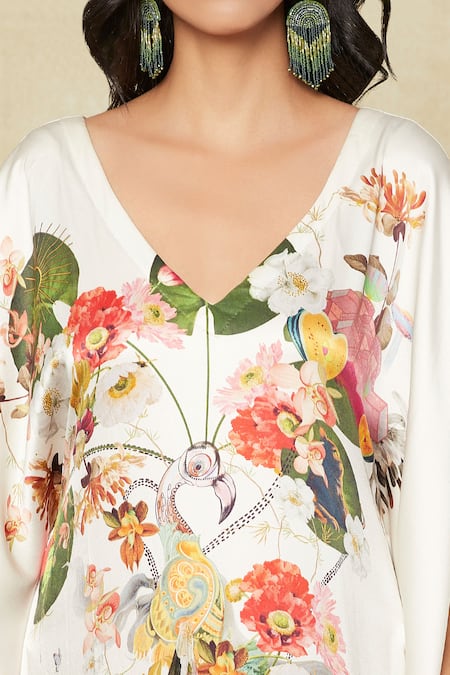 Anamika Khanna_White Silk V-neck Floral Print Kaftan Dress_Online_at_Aza_Fashions