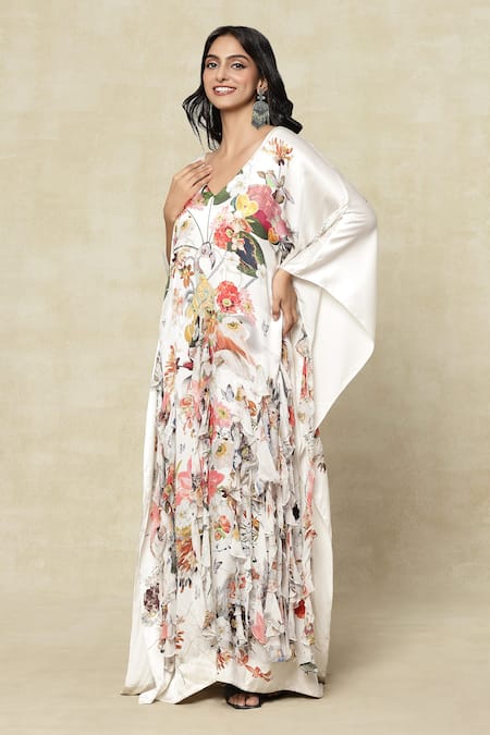 Buy_Anamika Khanna_White Silk V-neck Floral Print Kaftan Dress_Online_at_Aza_Fashions