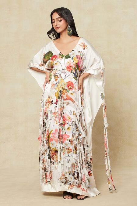 Shop_Anamika Khanna_White Silk V-neck Floral Print Kaftan Dress_Online_at_Aza_Fashions