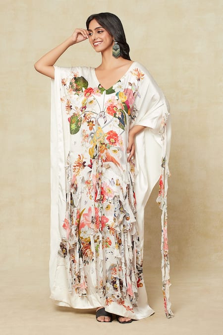Anamika Khanna_White Silk V-neck Floral Print Kaftan Dress_at_Aza_Fashions