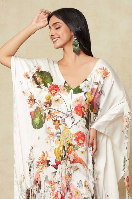 Buy_Anamika Khanna_White Silk V-neck Floral Print Kaftan Dress