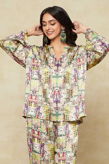 Buy Anamika Khanna Multi Color Cotton Button-down Neck Printed Top And Joggers Co-ord Set Buy_Anamika Khanna_Multi Color Cotton Button-down Neck Printed Top And Joggers Co-ord Set