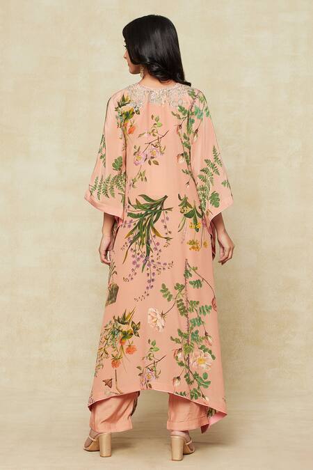 Shop Anushree Reddy Peach Cotton Embroidery Split V-neck Tropical Print Kaftan And Pant Set at Aza Fashions Shop_Anushree Reddy_Peach Cotton Embroidery Split V-neck Tropical Print Kaftan And Pant Set_at_Aza_Fashions