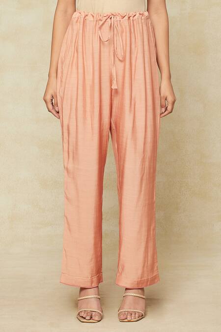 Anushree Reddy Peach Cotton Embroidery Split V-neck Tropical Print Kaftan And Pant Set Online at Aza Fashions Anushree Reddy_Peach Cotton Embroidery Split V-neck Tropical Print Kaftan And Pant Set_Online_at_Aza_Fashions