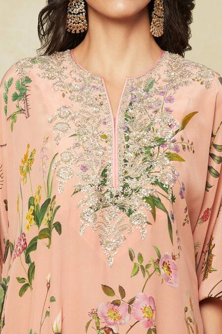 Buy Anushree Reddy Peach Cotton Embroidery Split V-neck Tropical Print Kaftan And Pant Set Online at Aza Fashions Buy_Anushree Reddy_Peach Cotton Embroidery Split V-neck Tropical Print Kaftan And Pant Set_Online_at_Aza_Fashions