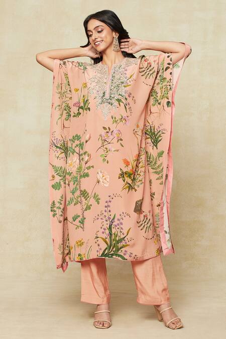 Shop Anushree Reddy Peach Cotton Embroidery Split V-neck Tropical Print Kaftan And Pant Set Online at Aza Fashions Shop_Anushree Reddy_Peach Cotton Embroidery Split V-neck Tropical Print Kaftan And Pant Set_Online_at_Aza_Fashions