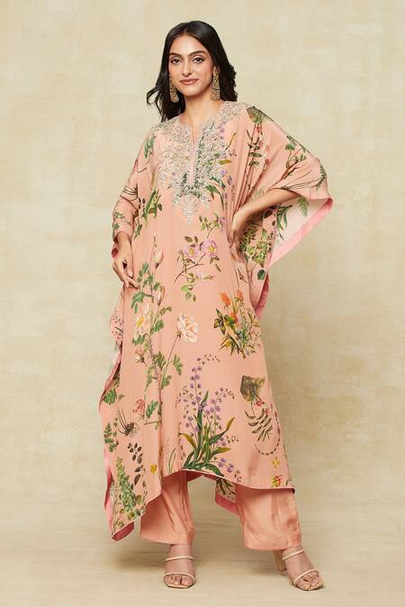 Anushree Reddy Peach Cotton Embroidery Split V-neck Tropical Print Kaftan And Pant Set at Aza Fashions Anushree Reddy_Peach Cotton Embroidery Split V-neck Tropical Print Kaftan And Pant Set_at_Aza_Fashions