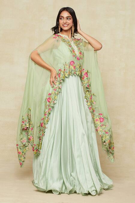 Buy_Anushree Reddy_Green Organza Embroidery Asymmetric Floral Cape Lehenga Set 
