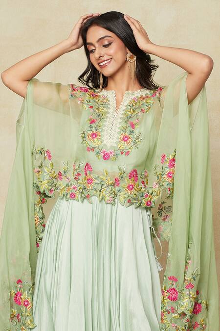 Shop_Anushree Reddy_Green Organza Embroidery Asymmetric Floral Cape Lehenga Set 