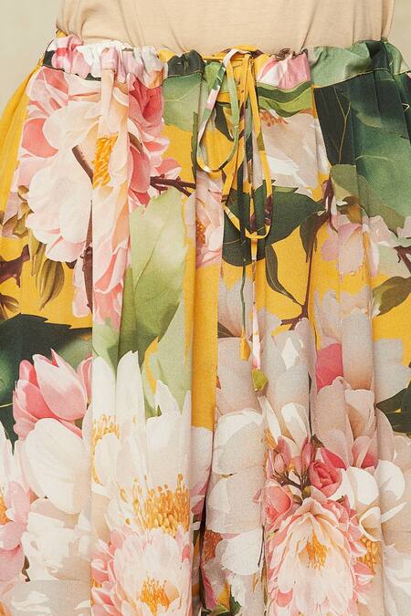 Anushree Reddy_Yellow Cotton Embroidery Split V-neck Floral Print Kurta And Pant Co-ord Set_Online_at_Aza_Fashions