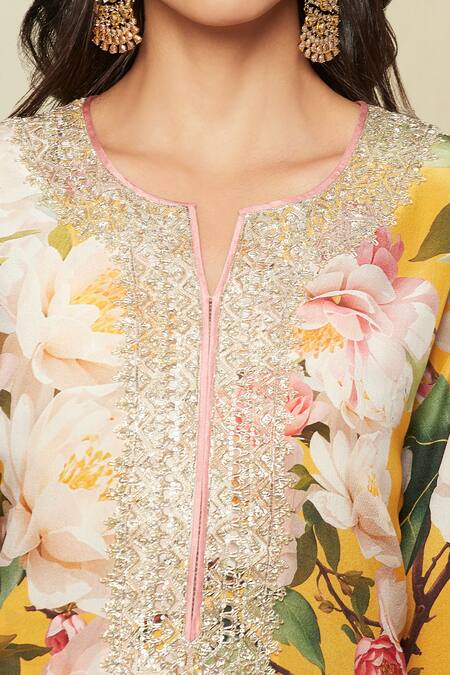 Buy_Anushree Reddy_Yellow Cotton Embroidery Split V-neck Floral Print Kurta And Pant Co-ord Set_Online_at_Aza_Fashions