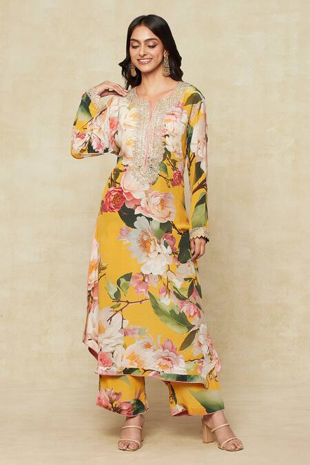 Shop_Anushree Reddy_Yellow Cotton Embroidery Split V-neck Floral Print Kurta And Pant Co-ord Set_Online_at_Aza_Fashions