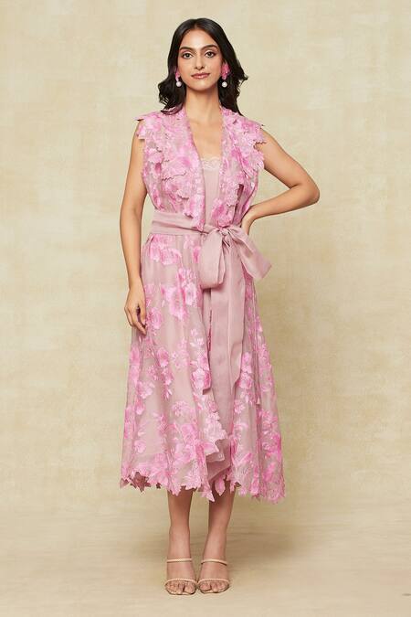 Anushree Reddy_Purple Embroidered Floral Jacket Lapel With Slip Dress_at_Aza_Fashions