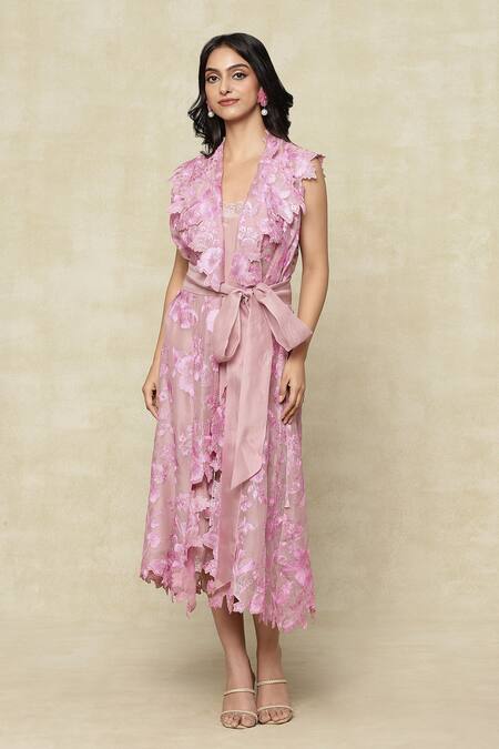 Buy_Anushree Reddy_Purple Embroidered Floral Jacket Lapel With Slip Dress