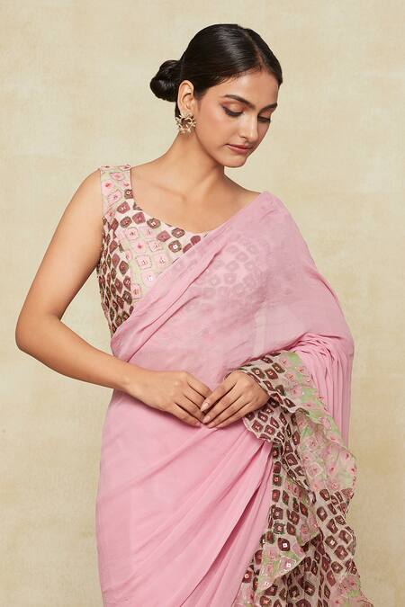 Shop_Aisha Rao_Pink Chiffon Embroidery Scoop Neck Ruffle Pre-draped Saree With Blouse_Online_at_Aza_Fashions