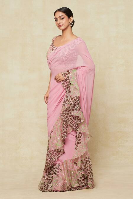 Aisha Rao_Pink Chiffon Embroidery Scoop Neck Ruffle Pre-draped Saree With Blouse_at_Aza_Fashions