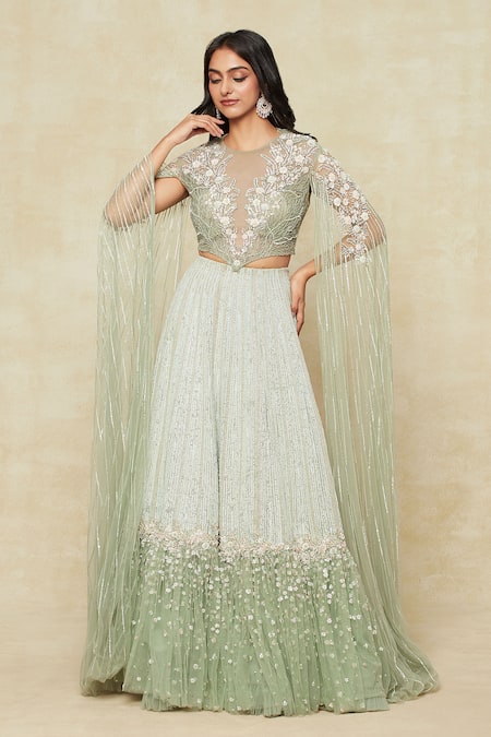 COUTURE BY NIHARIKA Green Organza Embroidered Vine Closed Neck Cape Blouse And Lehenga Set 