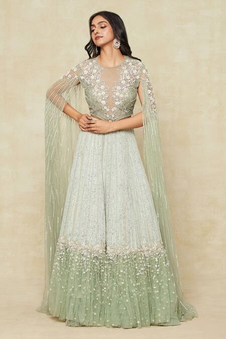 Buy_COUTURE BY NIHARIKA_Green Organza Embroidery, Sequins High Neck Vine Cape Blouse And Lehenga Set _Online_at_Aza_Fashions