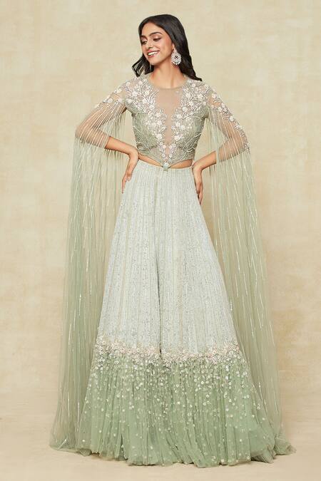 Shop_COUTURE BY NIHARIKA_Green Organza Embroidery, Sequins High Neck Vine Cape Blouse And Lehenga Set _Online_at_Aza_Fashions