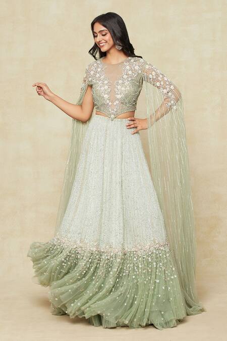 COUTURE BY NIHARIKA_Green Organza Embroidery, Sequins High Neck Vine Cape Blouse And Lehenga Set _at_Aza_Fashions