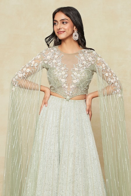 Buy_COUTURE BY NIHARIKA_Green Organza Embroidery, Sequins High Neck Vine Cape Blouse And Lehenga Set 