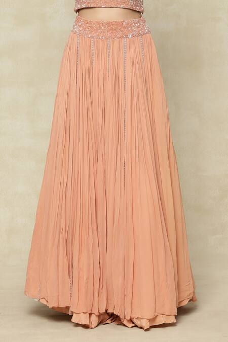 Buy_COUTURE BY NIHARIKA_Orange Silk, Chiffon Beads, Embroidery, Feathers V-neck, Jacket Lehenga Set _Online_at_Aza_Fashions