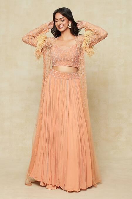 Shop_COUTURE BY NIHARIKA_Orange Silk, Chiffon Beads, Embroidery, Feathers V-neck, Jacket Lehenga Set _Online_at_Aza_Fashions