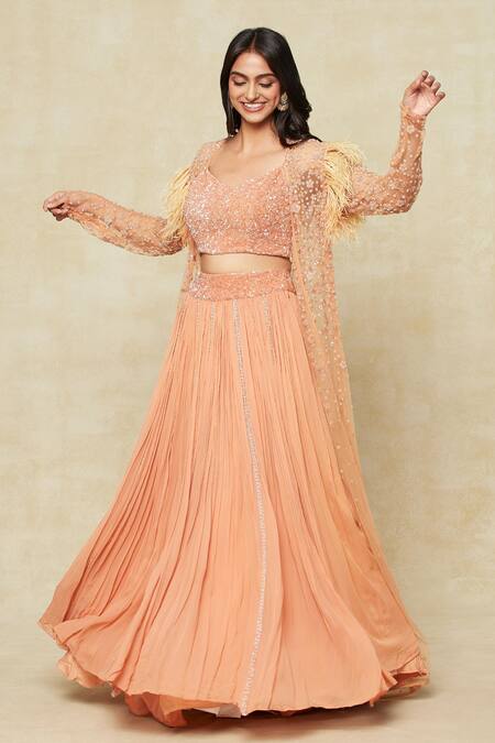 COUTURE BY NIHARIKA_Orange Silk, Chiffon Beads, Embroidery, Feathers V-neck, Jacket Lehenga Set _at_Aza_Fashions
