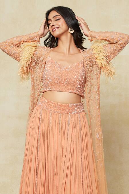 Buy_COUTURE BY NIHARIKA_Orange Silk, Chiffon Beads, Embroidery, Feathers V-neck, Jacket Lehenga Set 