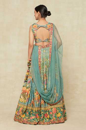 Kalista Blue Embroidery Plunge Neck Floral Print And Lehenga Set Online at Aza Fashions Kalista_Blue Embroidery Plunge Neck Floral Print And Lehenga Set _Online_at_Aza_Fashions