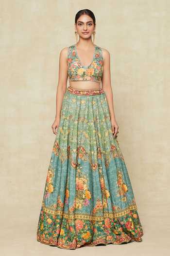 Shop Kalista Blue Embroidery Plunge Neck Floral Print And Lehenga Set Online at Aza Fashions Shop_Kalista_Blue Embroidery Plunge Neck Floral Print And Lehenga Set _Online_at_Aza_Fashions