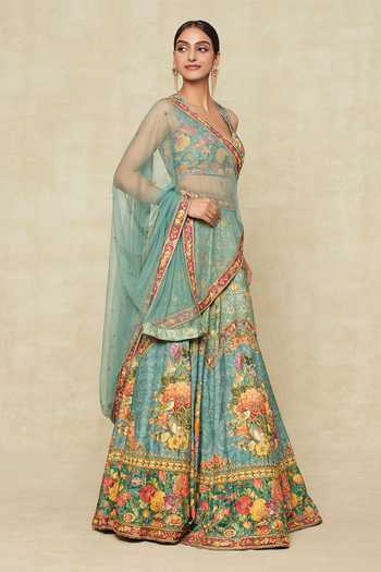 Kalista Blue Embroidery Plunge Neck Floral Print And Lehenga Set at Aza Fashions Kalista_Blue Embroidery Plunge Neck Floral Print And Lehenga Set _at_Aza_Fashions