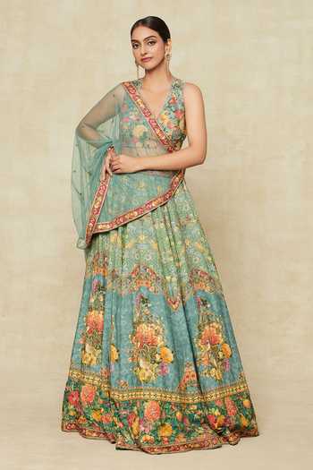 Buy Kalista Blue Embroidery Plunge Neck Floral Print And Lehenga Set Buy_Kalista_Blue Embroidery Plunge Neck Floral Print And Lehenga Set