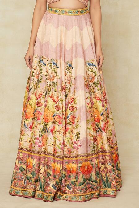 Buy_Kalista_Pink Chiffon Embroidery Sweetheart Neck Botanic Pattern Lehenga Set _Online_at_Aza_Fashions