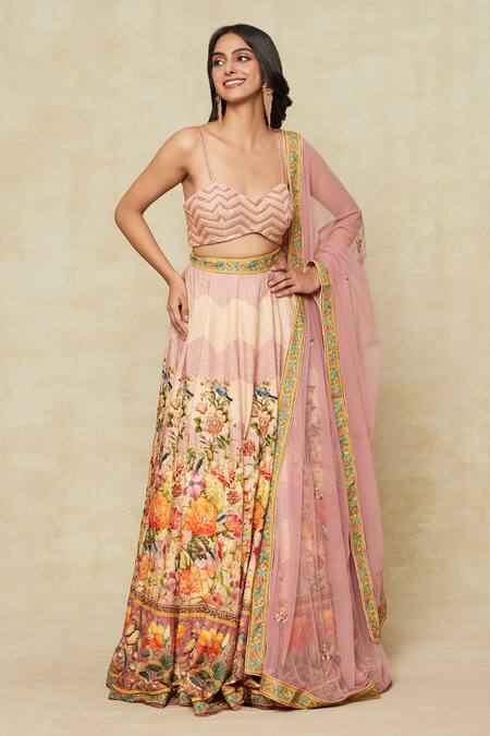 Buy_Kalista_Pink Chiffon Embroidery Sweetheart Neck Botanic Pattern Lehenga Set 