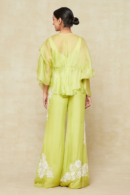 Mishru Organza Cape & Embroidered Bell Bottom Pant Set 