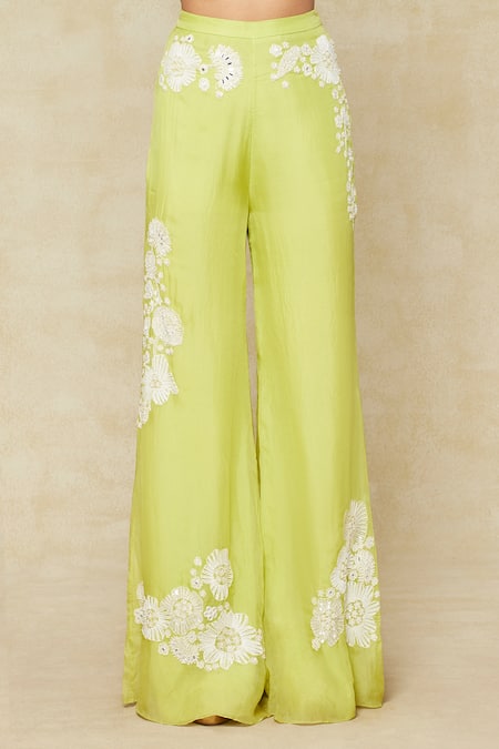 Buy_Mishru_Green Organza Embroidery V-neck Cape And Bell Bottom Pant Set _Online_at_Aza_Fashions