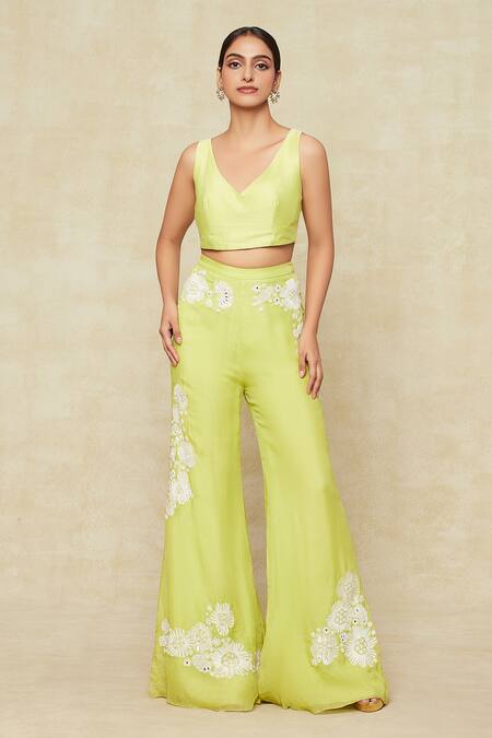 Shop_Mishru_Green Organza Embroidery V-neck Cape And Bell Bottom Pant Set _Online_at_Aza_Fashions