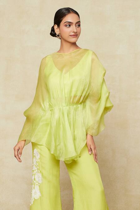 Buy_Mishru_Green Organza Embroidery V-neck Cape And Bell Bottom Pant Set 