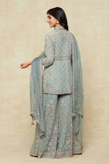 Shop Sana Barreja Green Net Zari, Embroidery Mandarin Collar Zardozi Kurta Sharara Set at Aza Fashions Shop_Sana Barreja_Green Net Zari, Embroidery Mandarin Collar Zardozi Kurta Sharara Set_at_Aza_Fashions