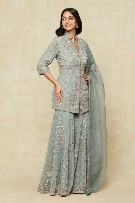 Sana Barreja Green Net Zari, Embroidery Mandarin Collar Zardozi Kurta Sharara Set Online at Aza Fashions Sana Barreja_Green Net Zari, Embroidery Mandarin Collar Zardozi Kurta Sharara Set_Online_at_Aza_Fashions