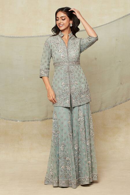 Shop Sana Barreja Green Net Zari, Embroidery Mandarin Collar Zardozi Kurta Sharara Set Online at Aza Fashions Shop_Sana Barreja_Green Net Zari, Embroidery Mandarin Collar Zardozi Kurta Sharara Set_Online_at_Aza_Fashions