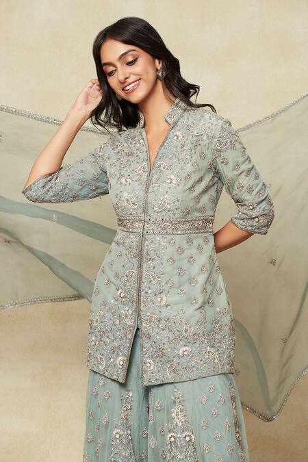 Sana Barreja Green Net Zari, Embroidery Mandarin Collar Zardozi Kurta Sharara Set at Aza Fashions Sana Barreja_Green Net Zari, Embroidery Mandarin Collar Zardozi Kurta Sharara Set_at_Aza_Fashions