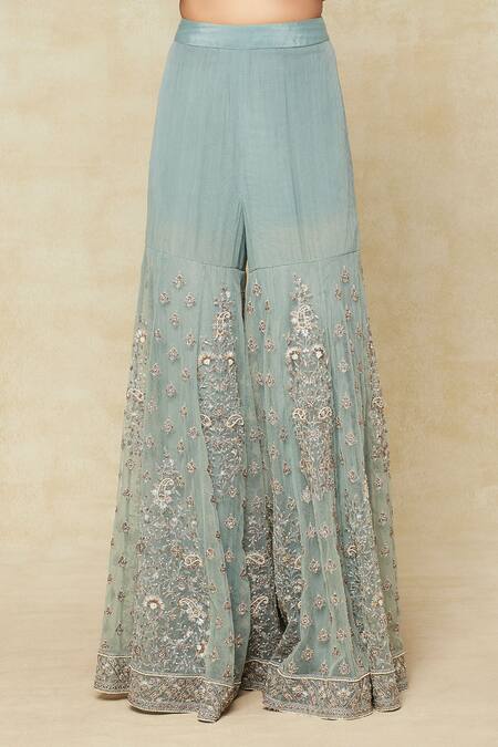 Buy Sana Barreja Green Net Zari, Embroidery Mandarin Collar Zardozi Kurta Sharara Set Buy_Sana Barreja_Green Net Zari, Embroidery Mandarin Collar Zardozi Kurta Sharara Set